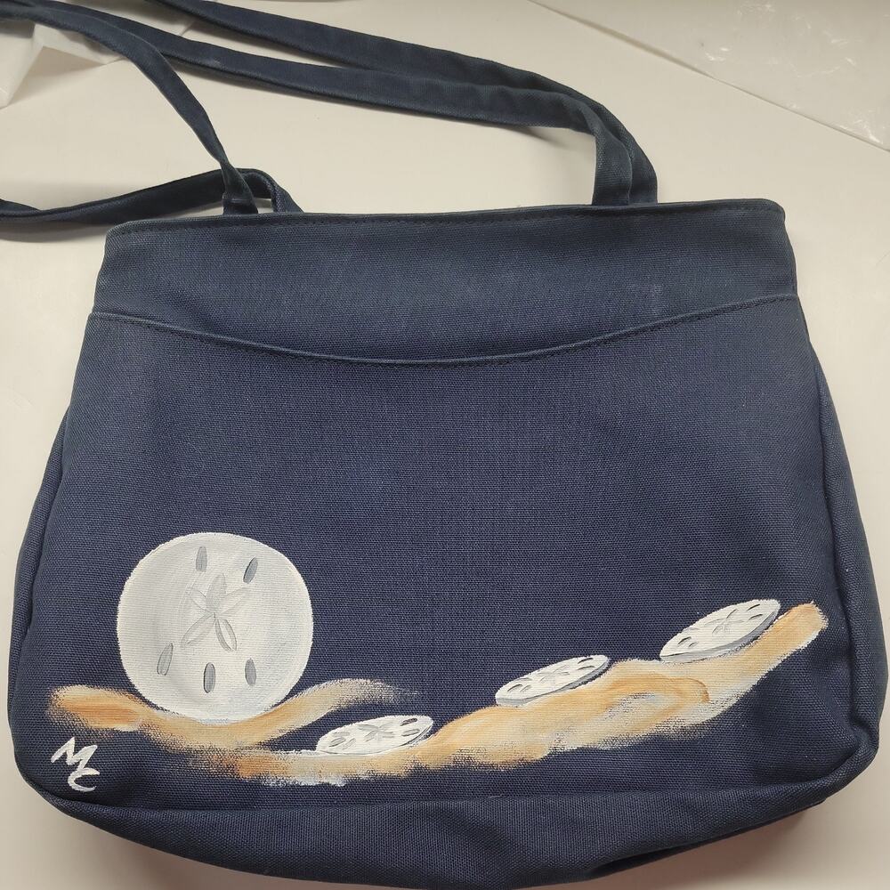 Sea Bags Beach Medium Tote Navy Blue Painted Sand Dollars Signed Spring Frame